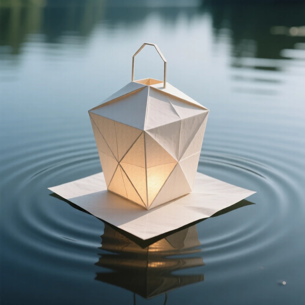 A single lantern floating on a still lake, light rippling outward in perfect circles.