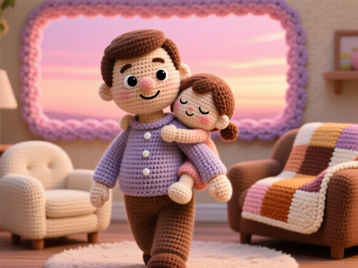 a father carrying his sleepy daughter on his shoulders, with her arms wrapped around his forehead, walking home beneath a pink sunset sky, in a warm and welcoming family living room, with a warm quilt draped over a nearby chair, radiating quiet tenderness between generations.