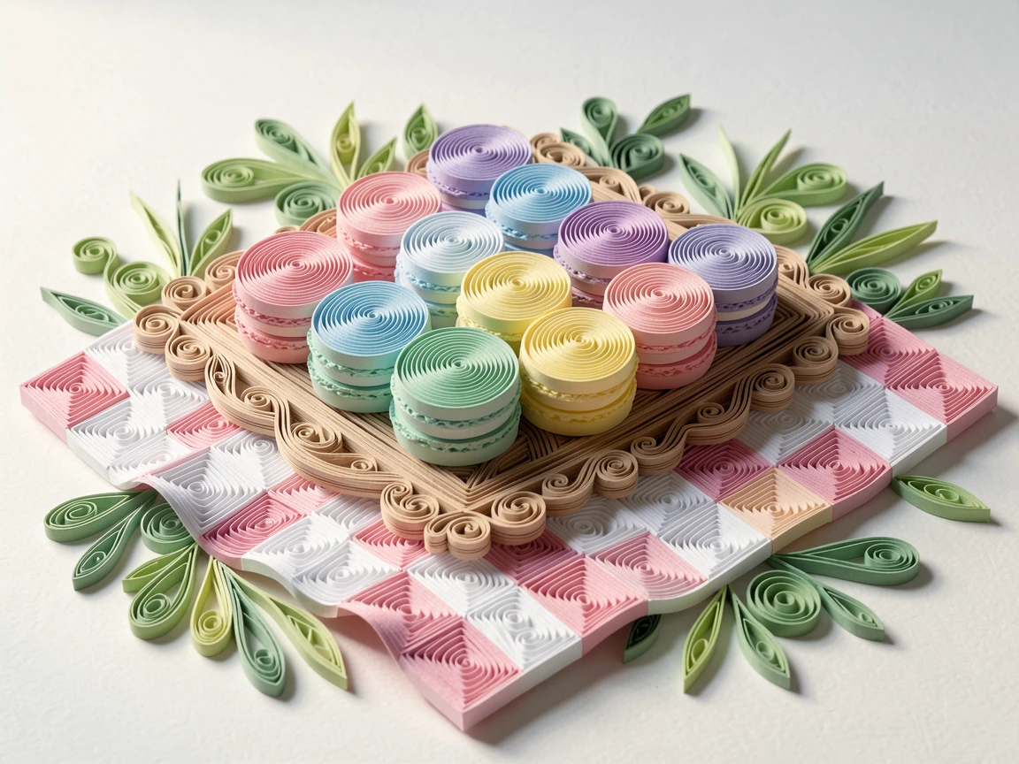 A cozy still life of a tray of macarons in a rainbow of pastel colors on a checkered picnic blanket in a park, in bright, cheerful pastel colors, composed with soft natural light from one side.