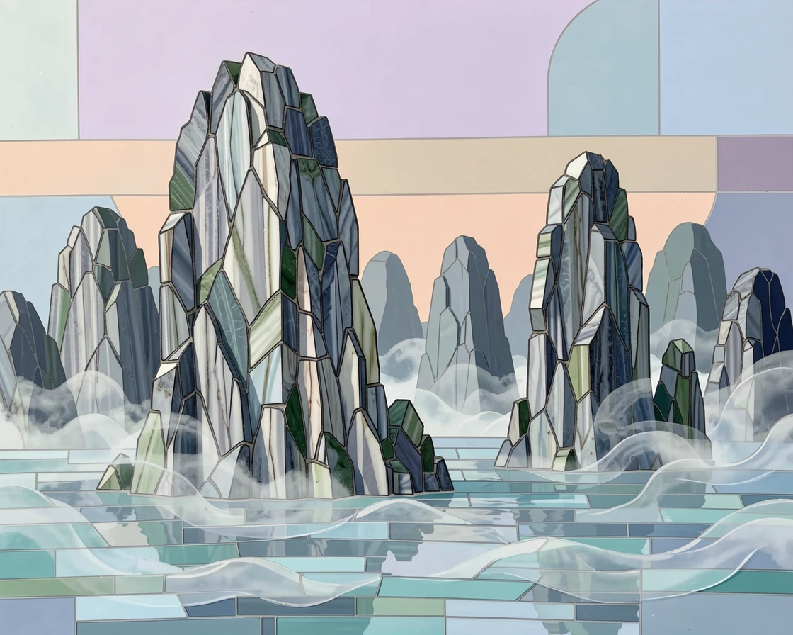 A dramatic karst limestone landscape rising from misty waters.