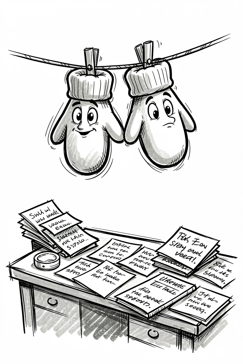 A pair of mittens warming each other on a clothesline above a desk covered in notes.