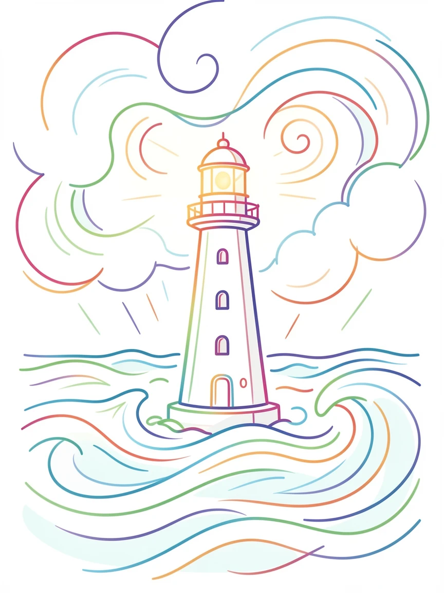 A single lighthouse standing tall against a swirling storm at sea.