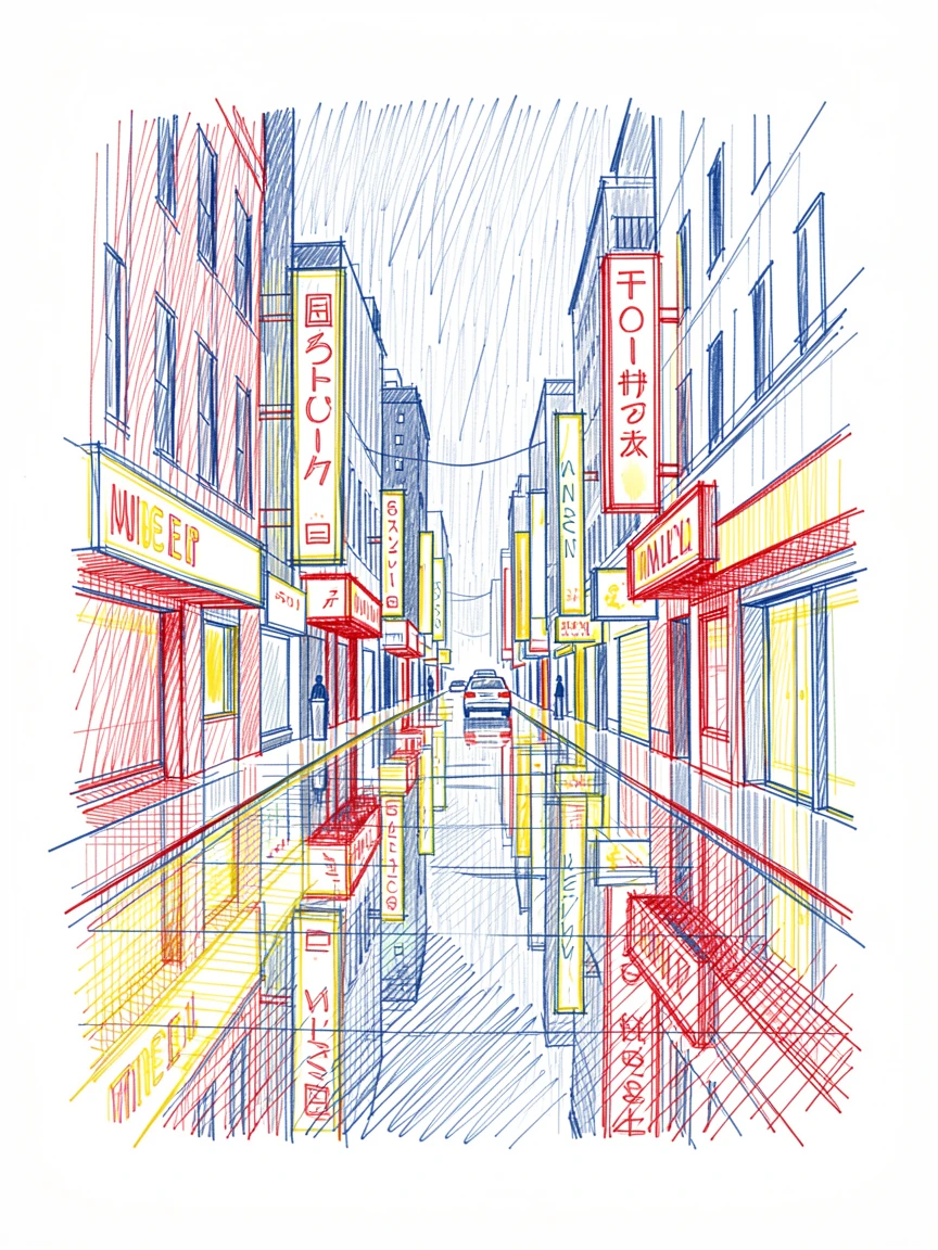 A rain-soaked city street glowing with reflected neon signs at night