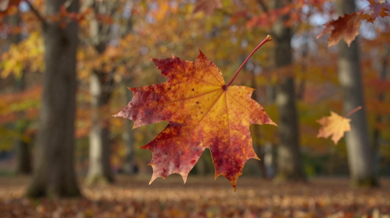 A single maple leaf spinning as it falls in autumn