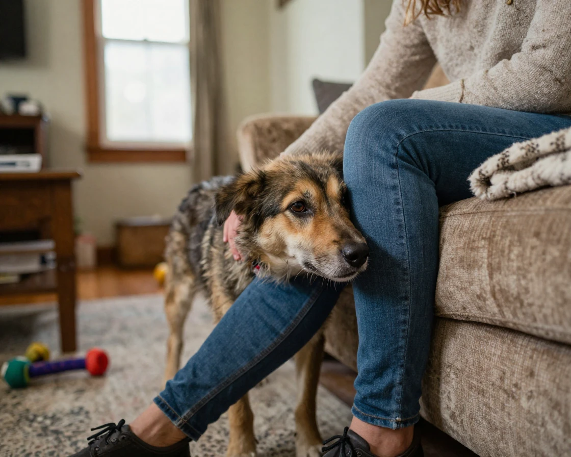 A rescue dog leans its full weight against a new owner's leg on the first day home.