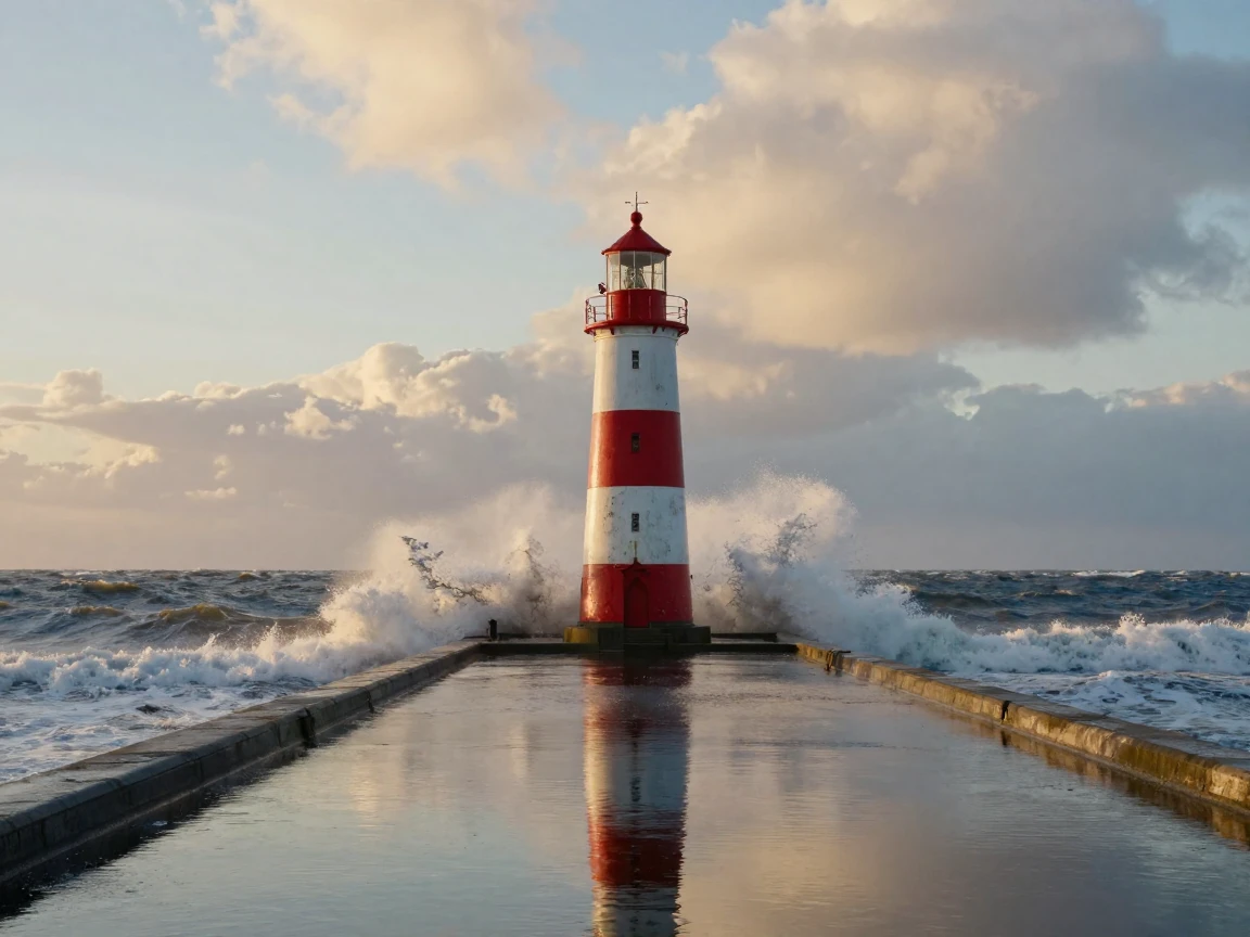 A coastal lighthouse standing against crashing waves standing quietly along a quiet canal in the Netherlands