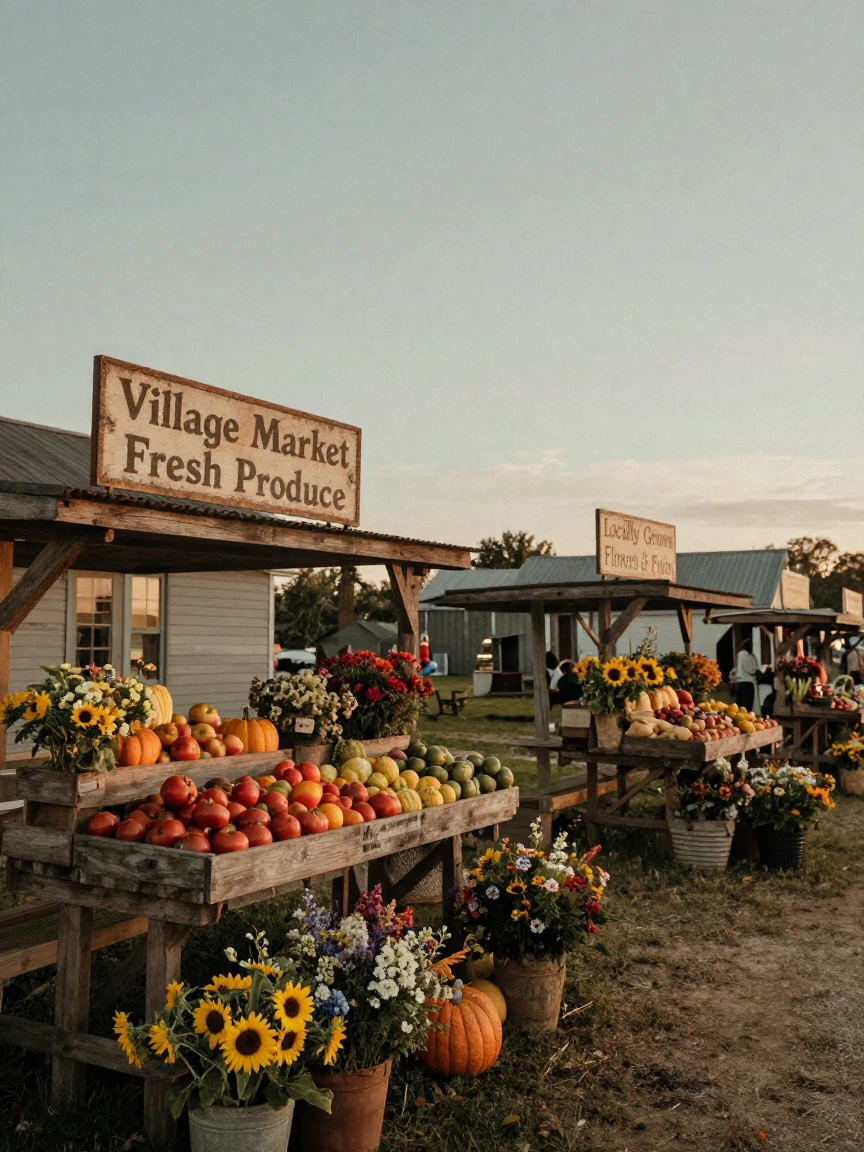 A rustic village market filled with fresh produce and flowers, in the pale light just before sunrise, on a clear, cloudless day, as summer fades into fall, with a soft sepia-tinted glow, viewed from across the room.