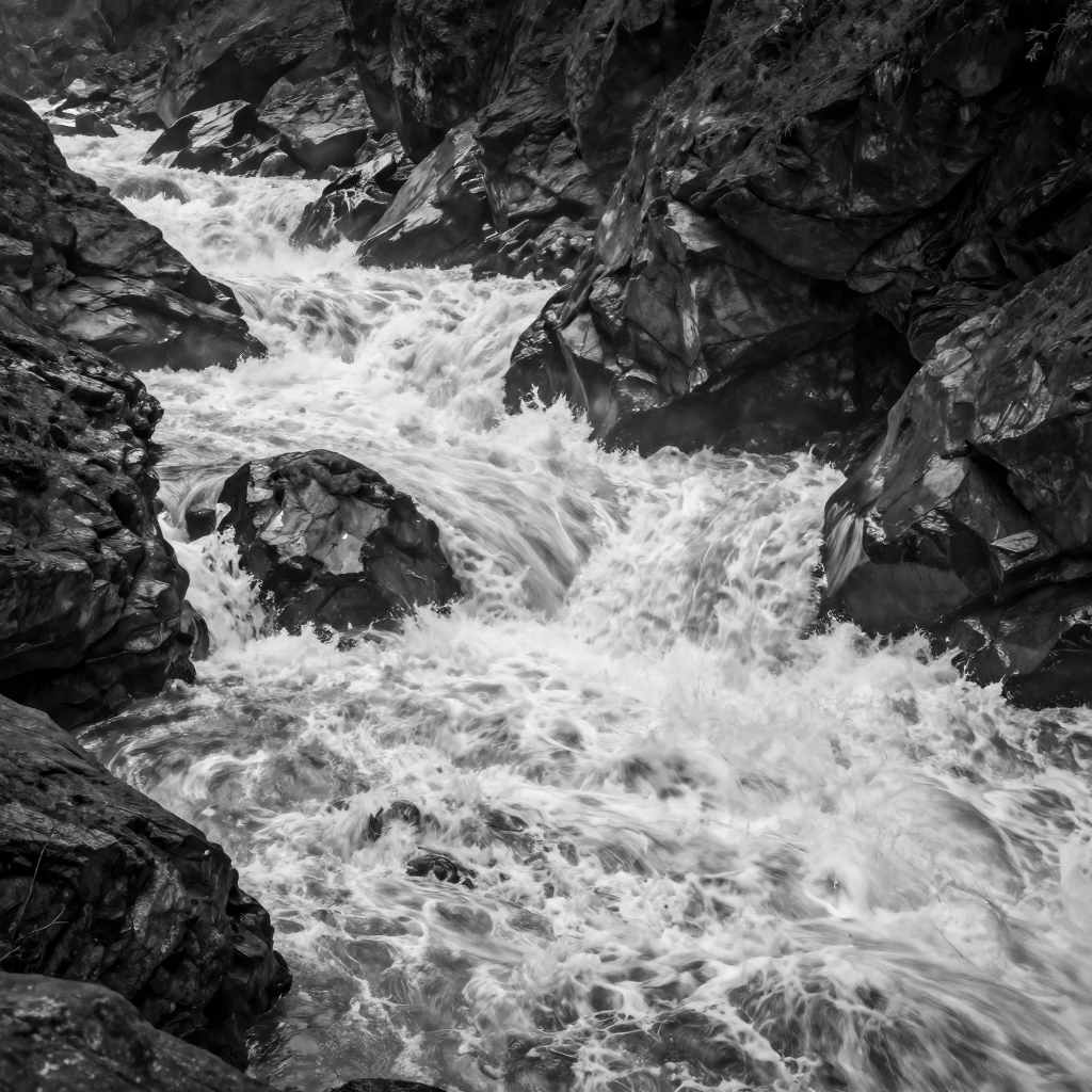 A rushing river rapid churns violently over jagged rocks through a steep mountain gorge.