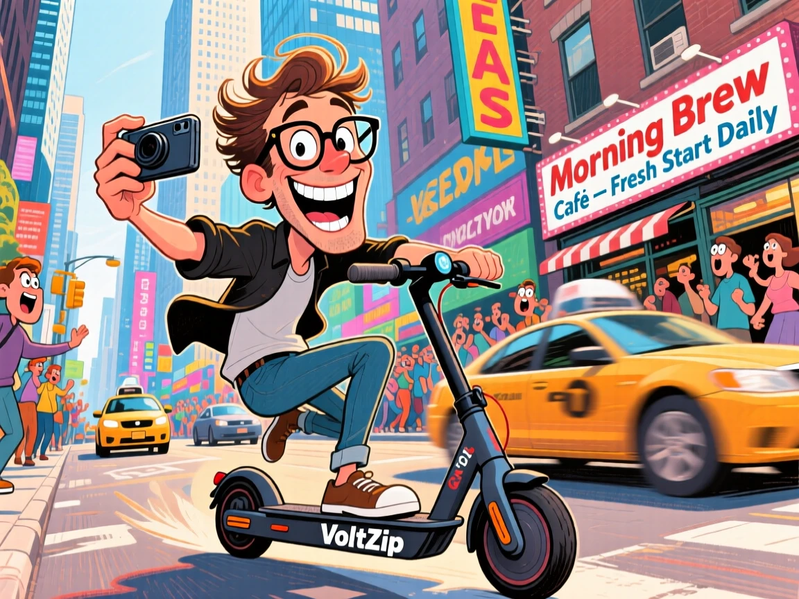 A man vlogging his morning commute on an electric scooter through a busy city.