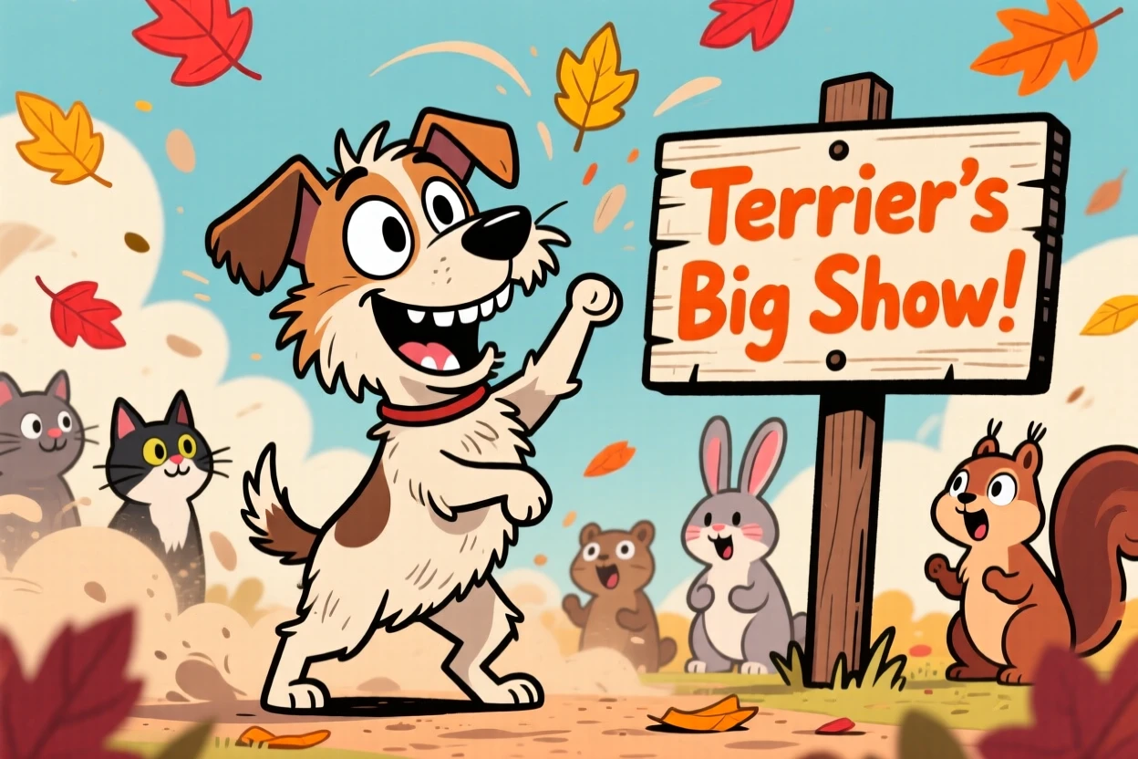 A charming animal moment featuring a scrappy little terrier showing off in front of an admiring group of onlookers, as leaves and dust scatter around it.