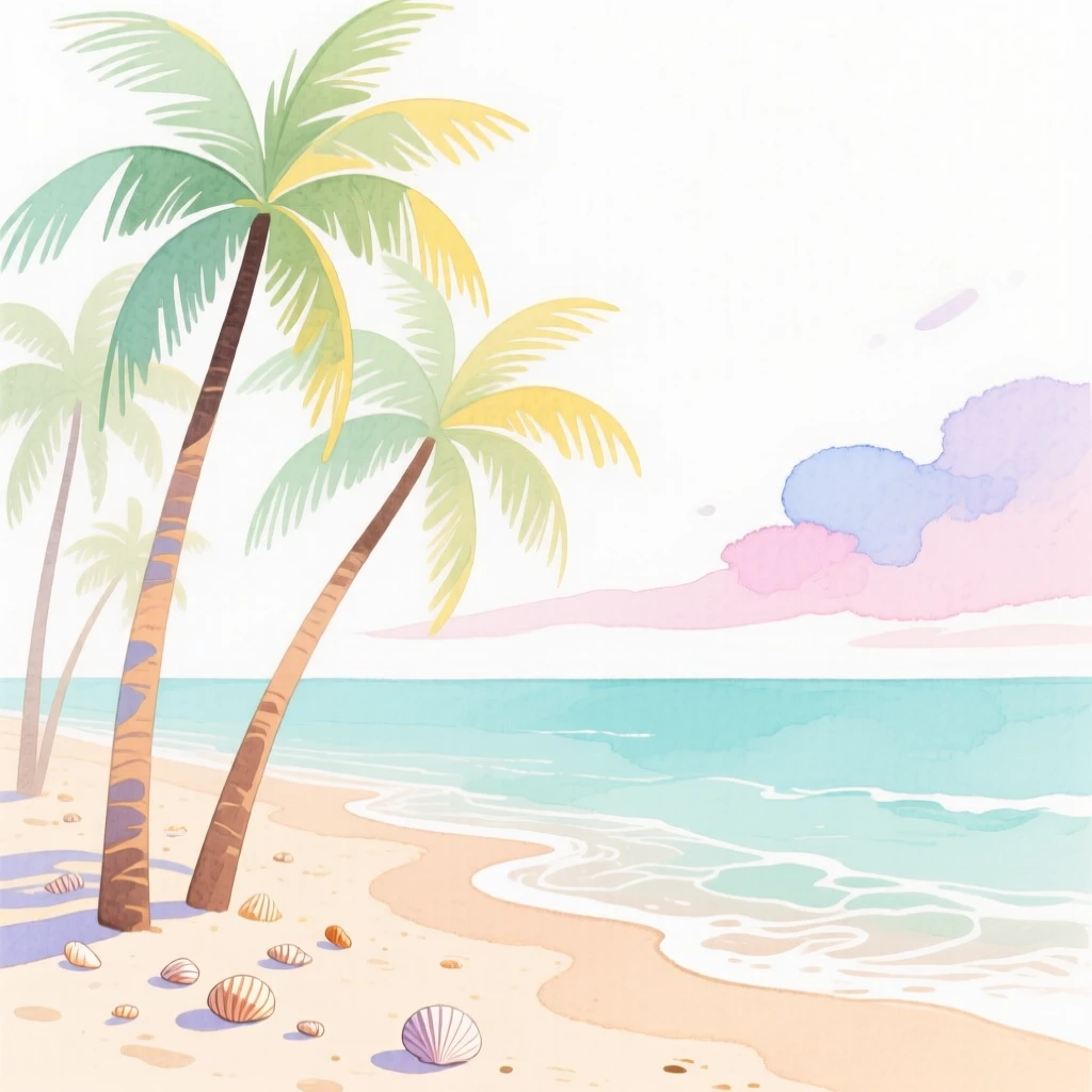 A serene landscape of a tropical beach with palm trees swaying gently in soft morning light