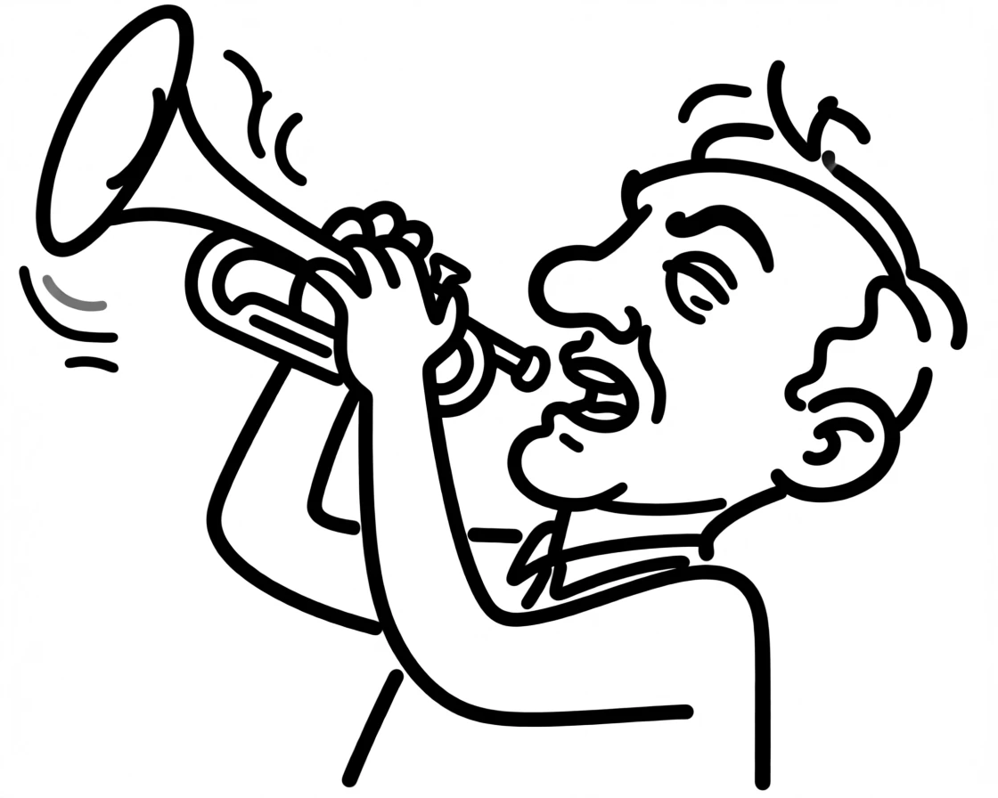 A trumpet player hitting a triumphant high note during a jazz performance.