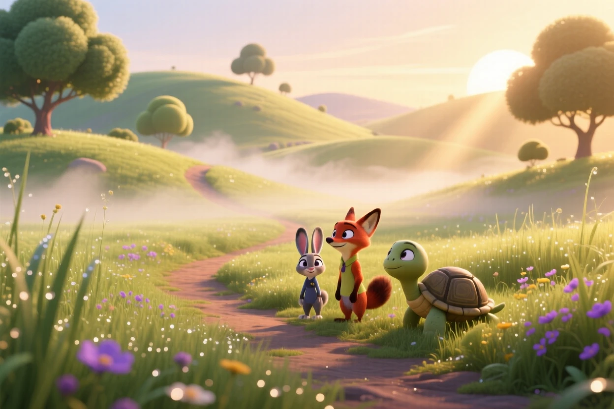 A meadow at first light glows while a soft mist rolls gently across the ground, with a narrow path winding through the scene. A deep sense of peace and quiet awe fills the scene.