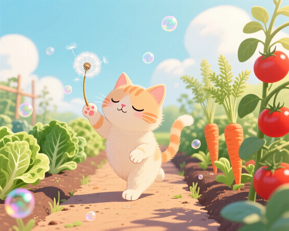 A sleepy kitten is chasing a floating dandelion seed in a tidy vegetable garden, as tiny bubbles float upward.