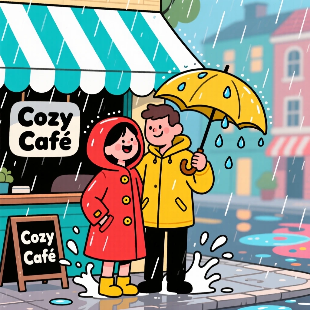 A couple sheltering from rain under a striped cafe awning.