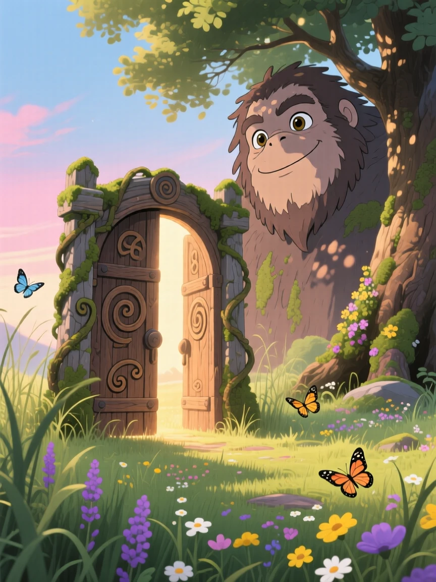 A portal shaped like an old wooden gate standing alone in a meadow, where a gentle giant resting among the treetops can be seen nearby, the atmosphere dreamlike and inviting.