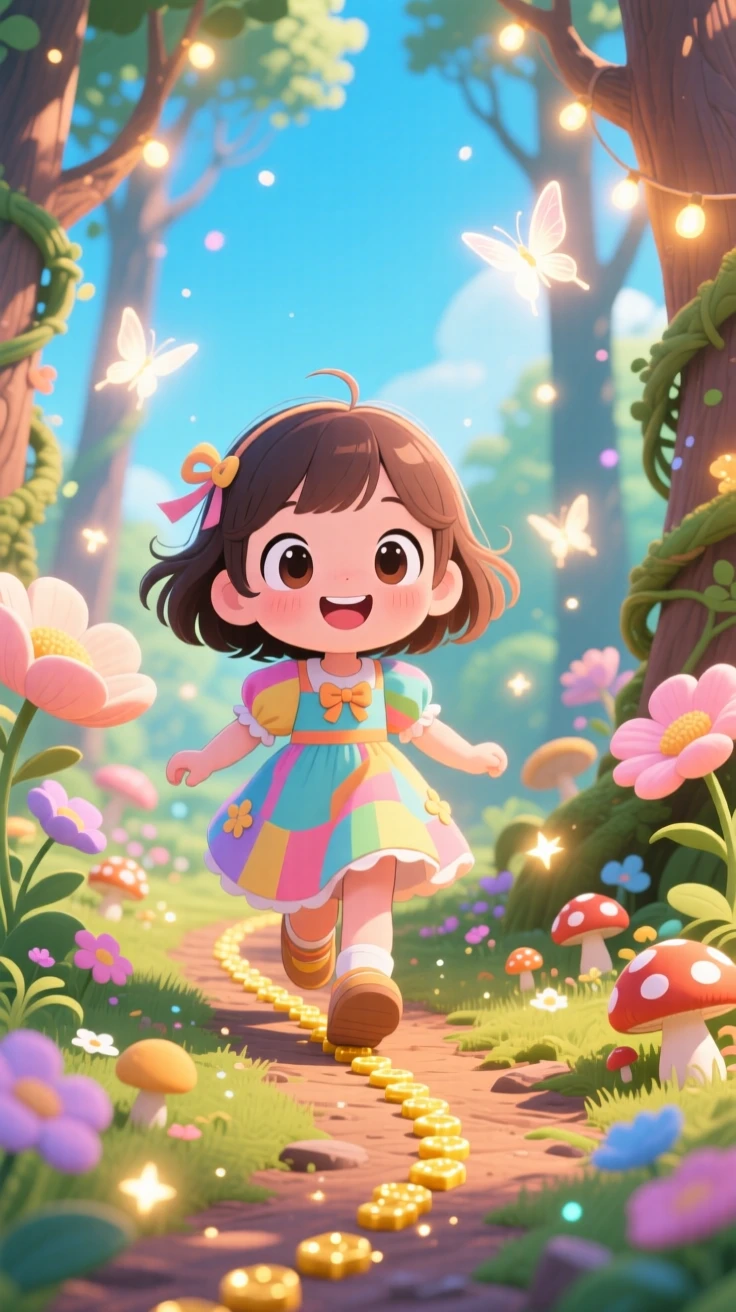A little girl leaving a trail of breadcrumbs through the woods, framed as a medium shot within an enchanted storybook forest, under a clear summer sky, glowing under warm fairy-light glow, evoking bubbly enthusiasm.