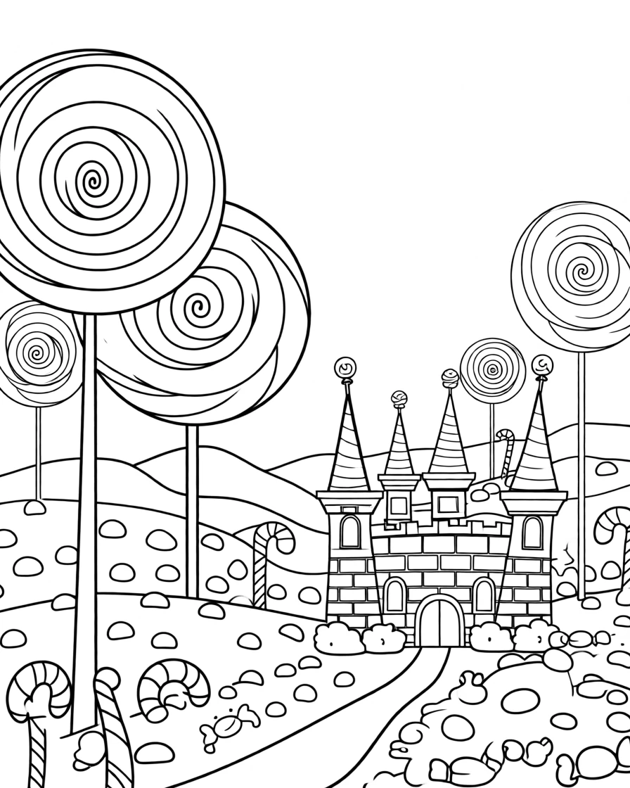 A candy land kingdom with lollipop trees and gumdrop hills