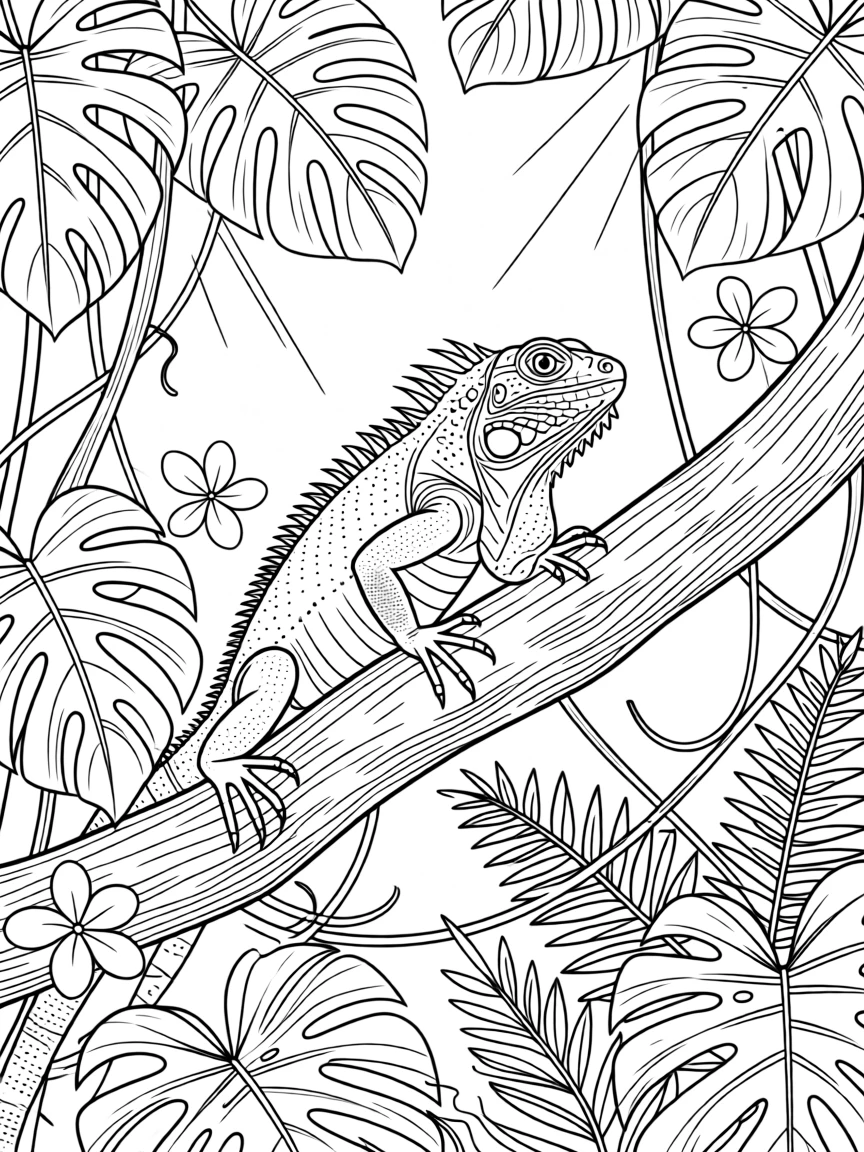A green iguana hidden among dense jungle vines, with claws gripping the bark tightly.