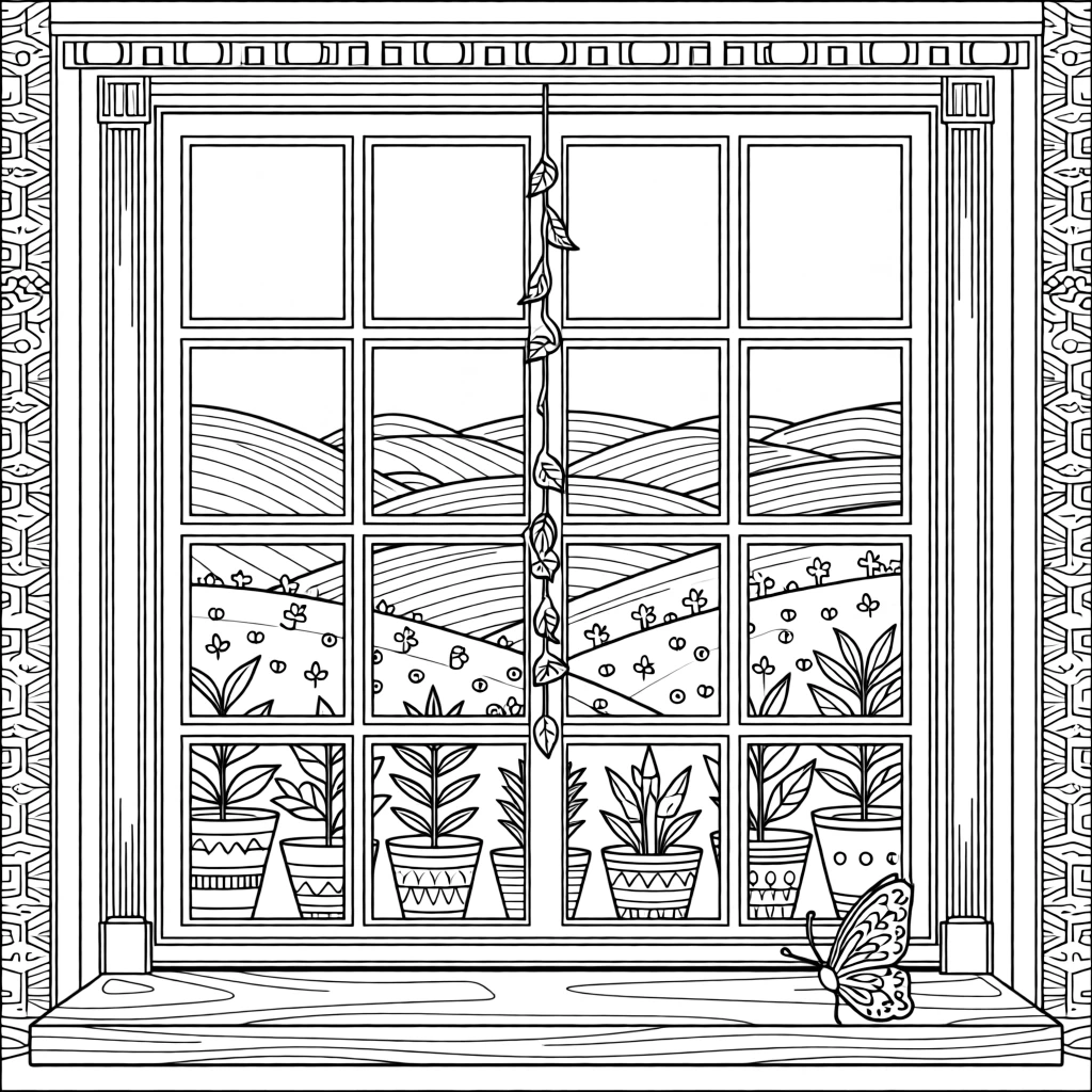 A single window opening onto a view of rolling green hills.