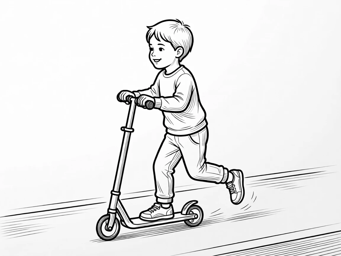 A child riding a scooter down a sidewalk