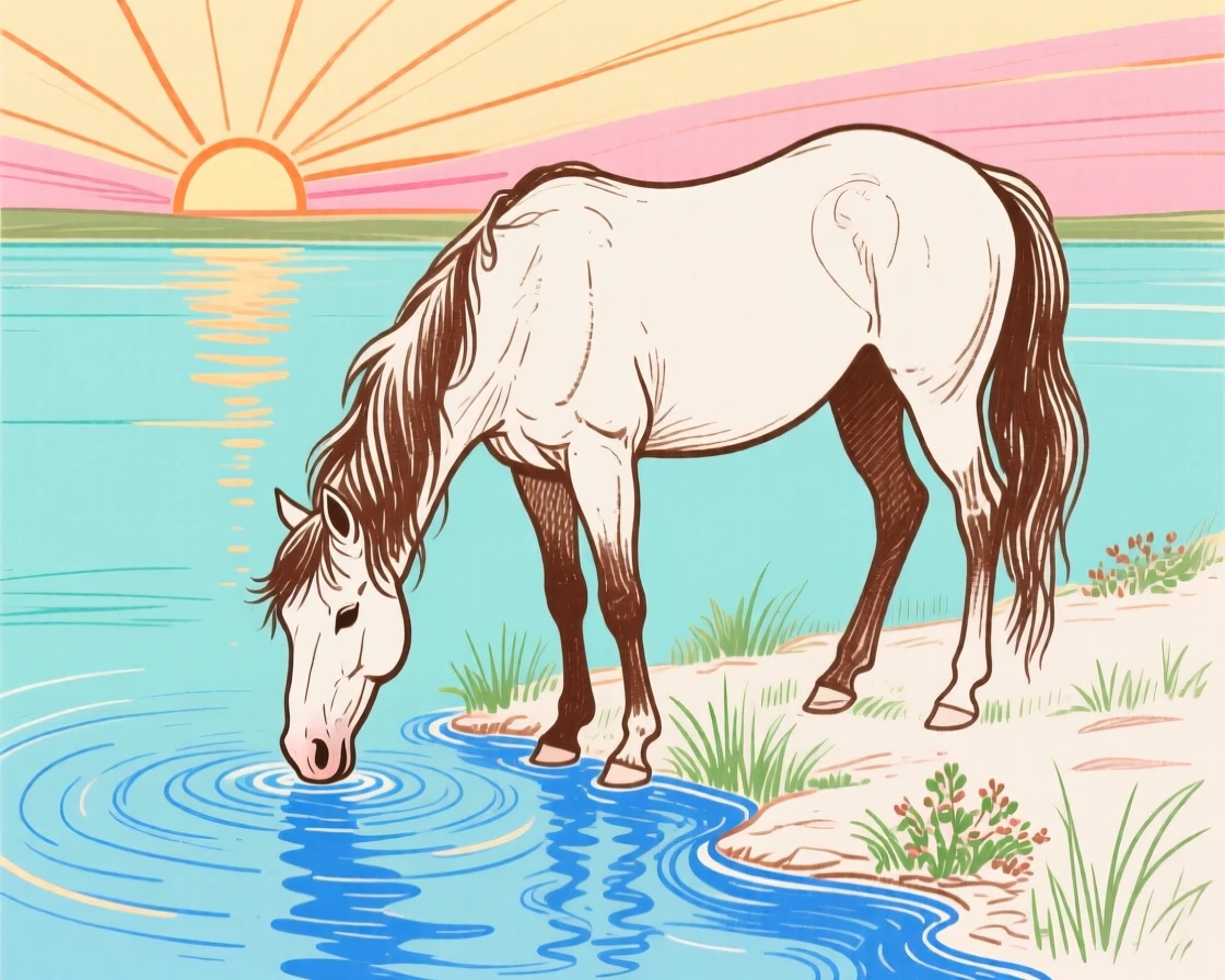 A wild mustang drinking from a stream beside a still lake at sunrise.
