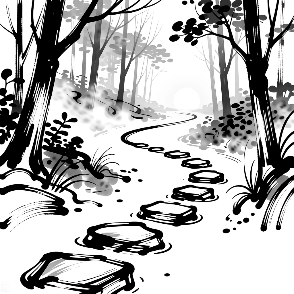 A path of stepping stones leading through a misty forest toward glowing light.