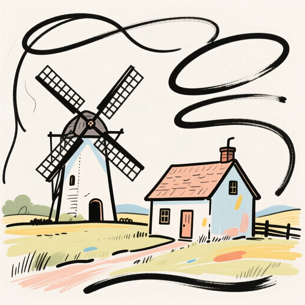 A windmill turning slowly beside a quiet countryside farmhouse.