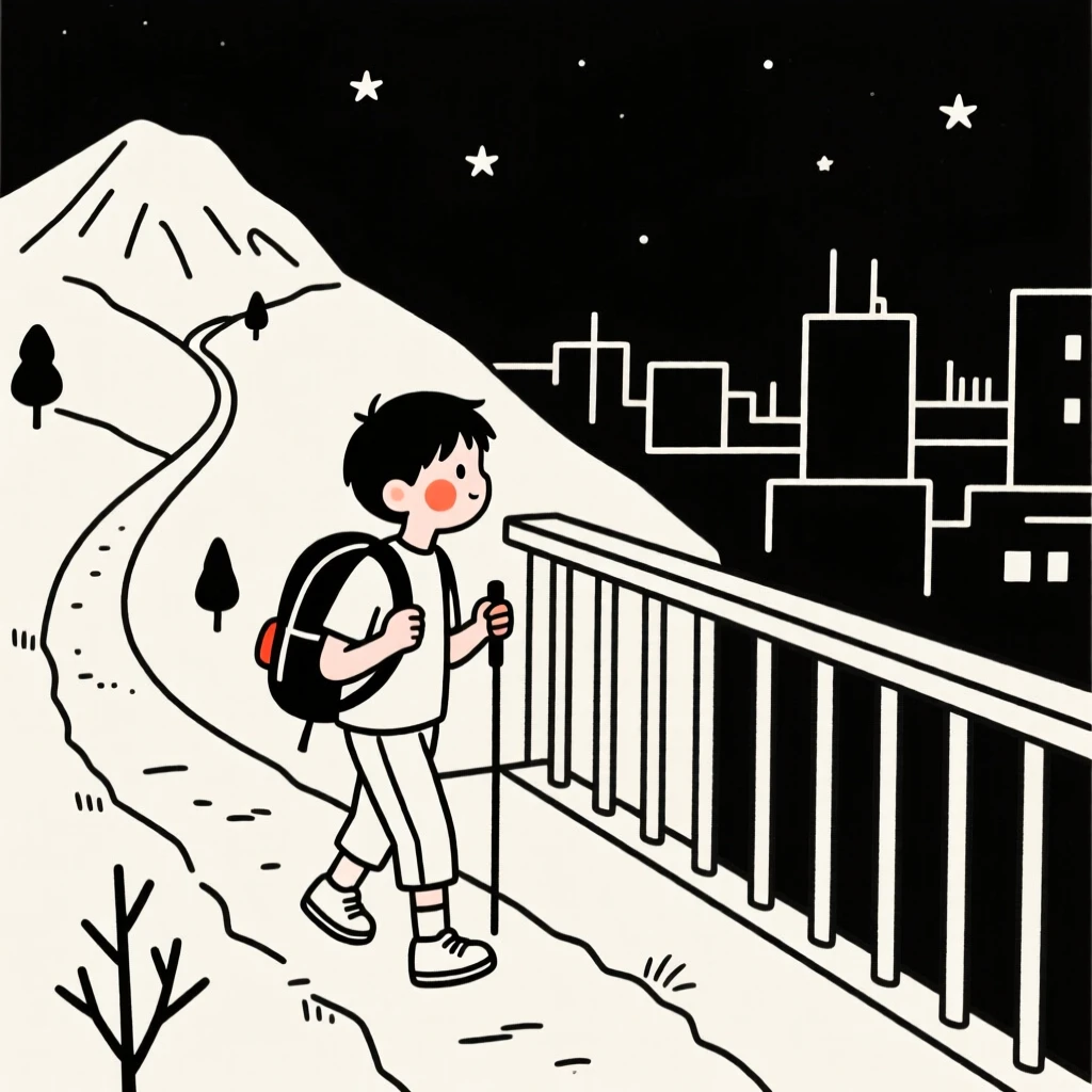 A young boy hiking a mountain trail with a backpack, on a city balcony at night.