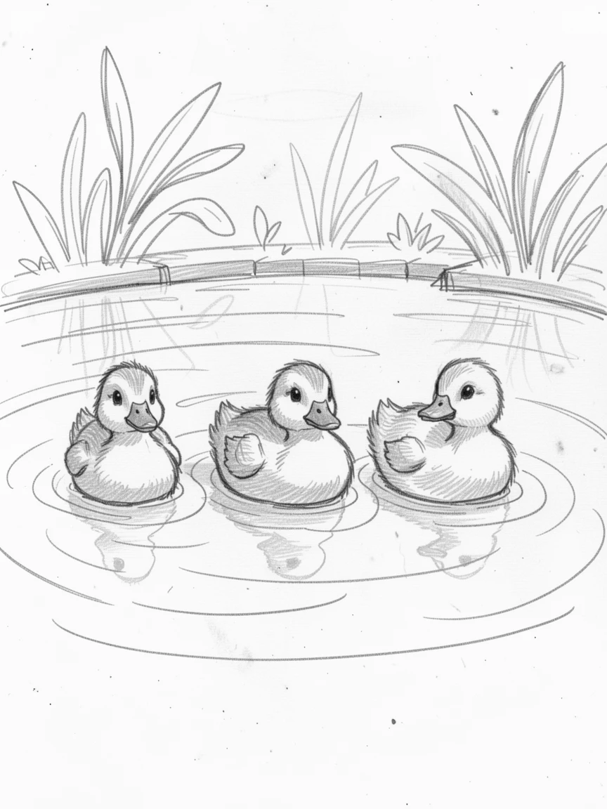 An irresistibly cute scene of a duckling family paddling in a row in a sunlit garden, looking impossibly soft and content.