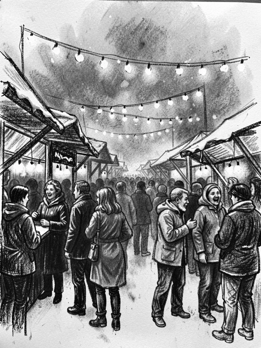 A winter market square filled with twinkling lights and stalls, as laughter fills the air around them.