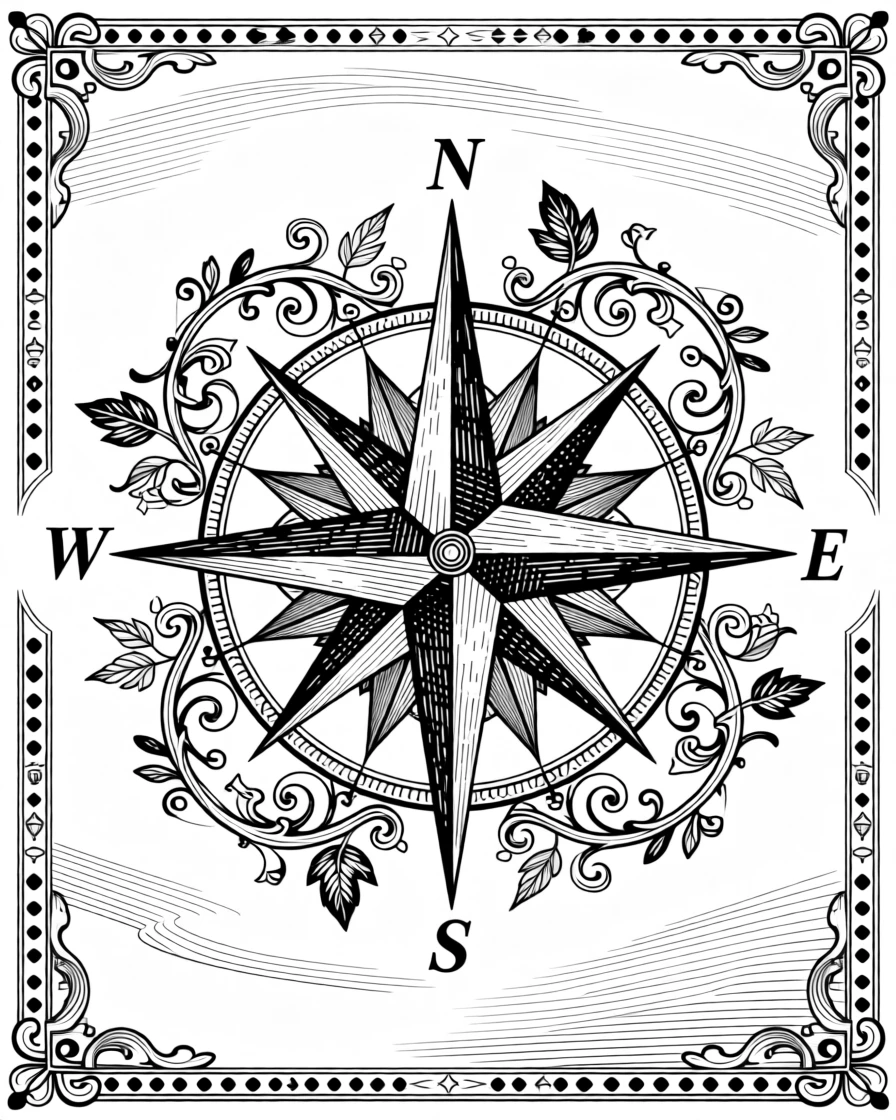 A decorative compass rose surrounded by ornamental flourishes framed by a delicate decorative border, with delicate details layered at every scale, forming a quietly mesmerizing decorative composition.