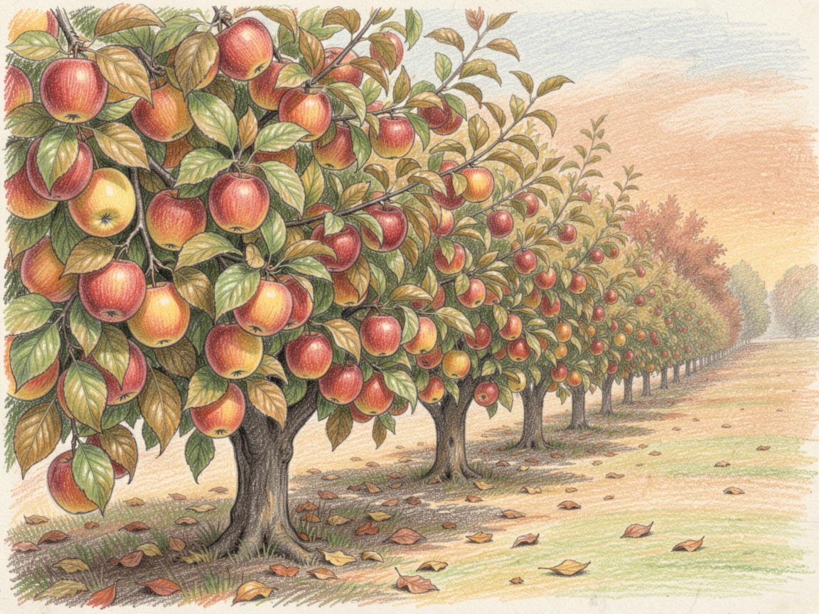 A quiet countryside orchard row heavy with autumn apples, set against a softly lit, atmospheric backdrop, evoking warmth, beauty, and a lasting sense of wonder.