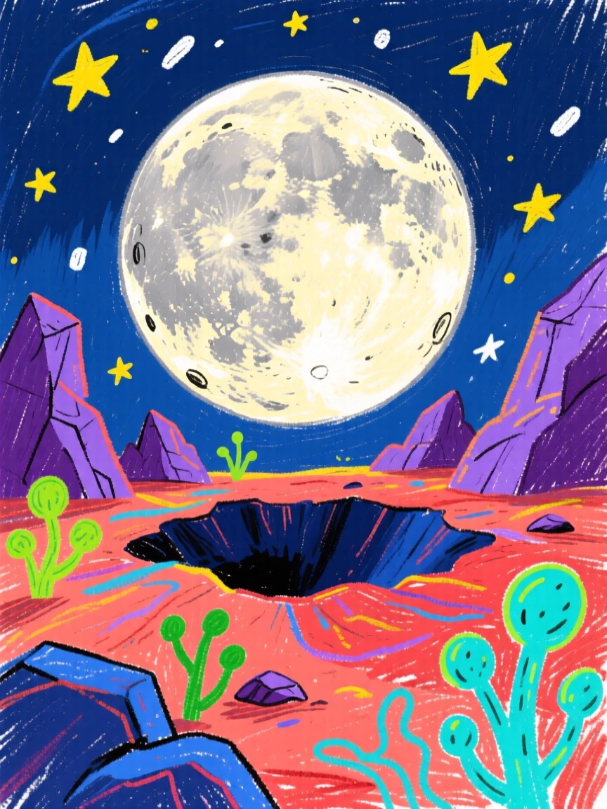 A cratered moon rising slowly over a rocky alien landscape.