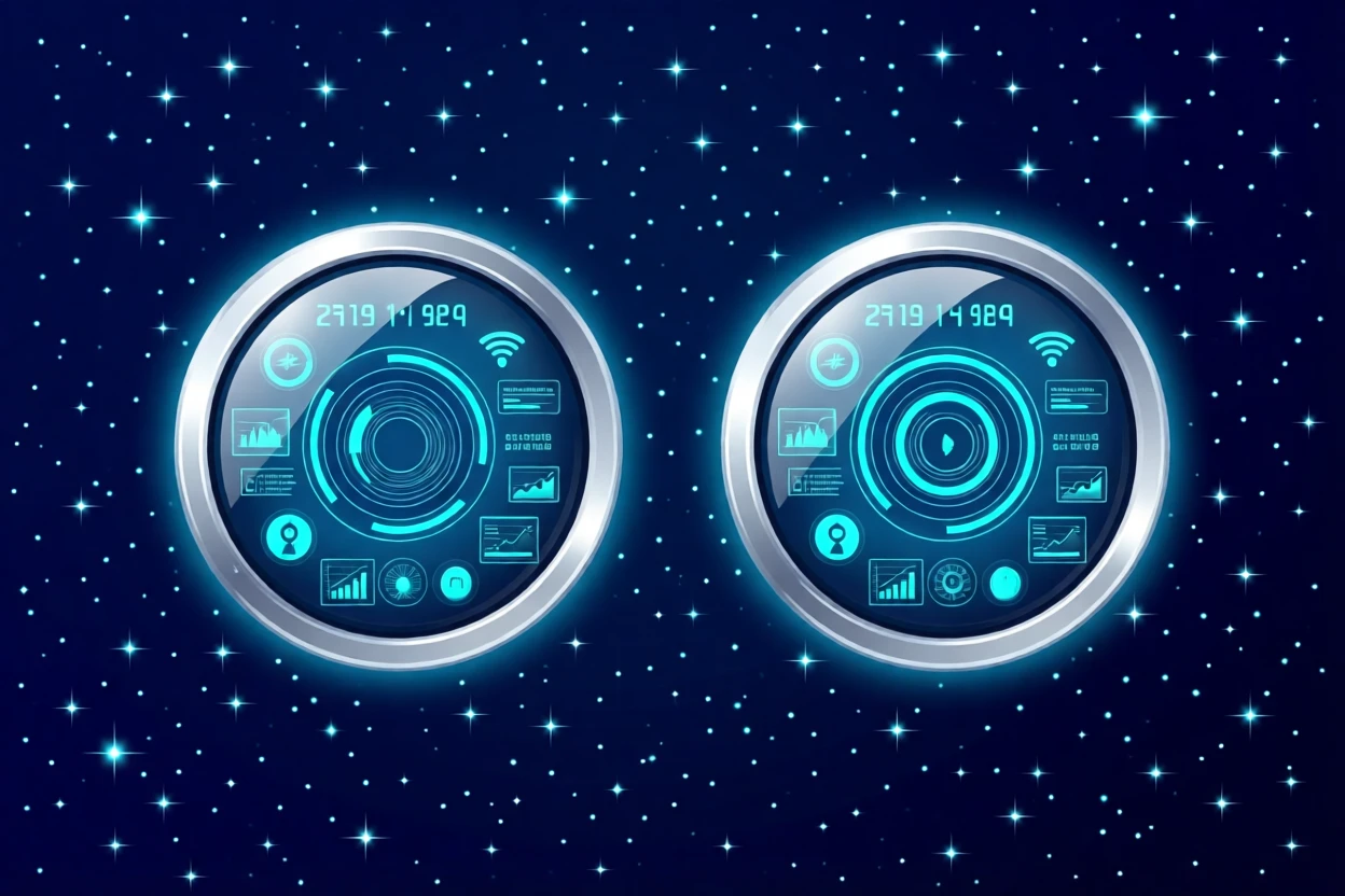 A pair of smart contact lenses reflecting a digital interface, set against a backdrop of starry outer space, arranged with balanced negative space around the subject, with sleek metallic textures catching soft light.