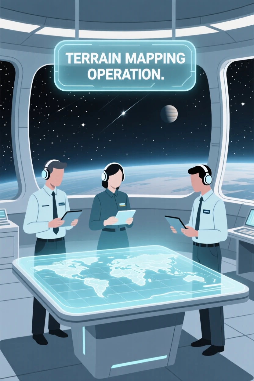 A research team mapping the terrain in a space observation deck.