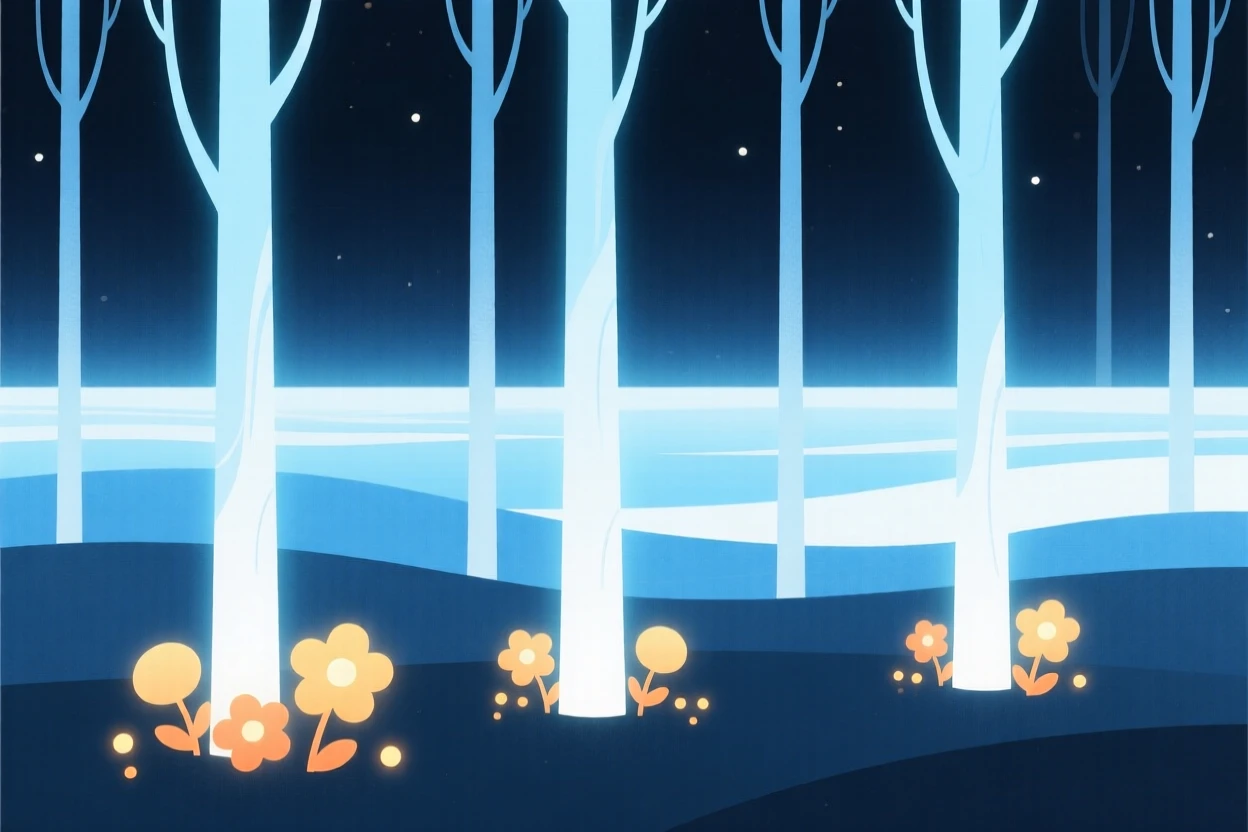 A dreamlike forest where the trees glow softly at night rising from an ocean of soft light, filled with clusters of luminous flowers, evoking boundless wonder.