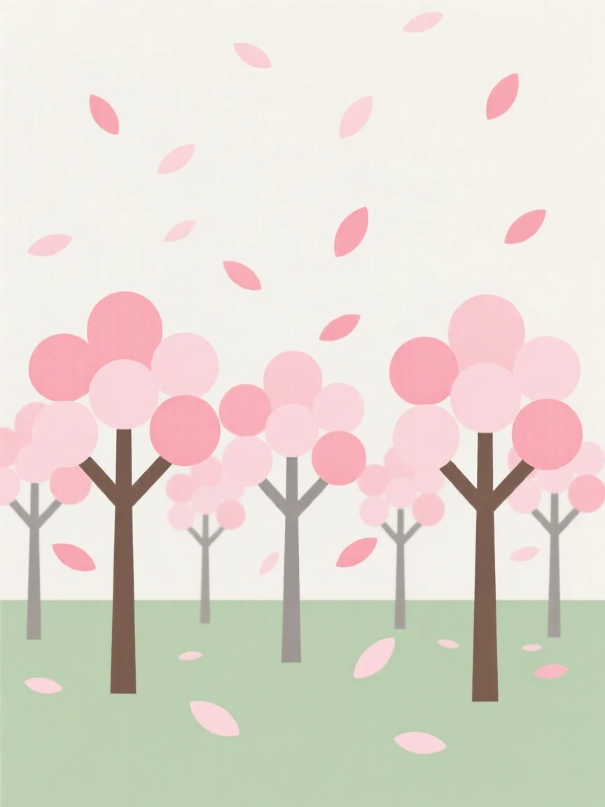 A field of blooming cherry blossoms with petals drifting