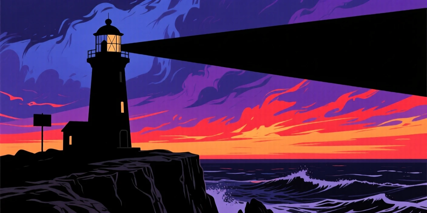 A single lighthouse beam sweeping across a dark, stormy sea.