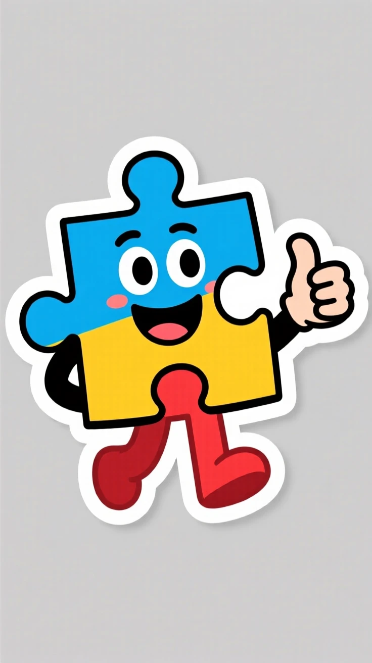 A bright and friendly smiling cartoon puzzle piece fitting into place, giving an enthusiastic thumbs up, in a colorful and encouraging style.