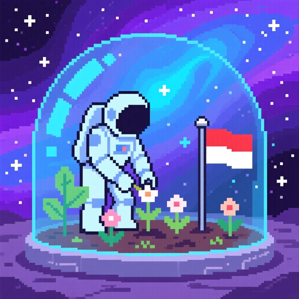 A lone astronaut planting a flag planting a small garden inside a glass dome, within a nebula glowing in shades of purple and blue.