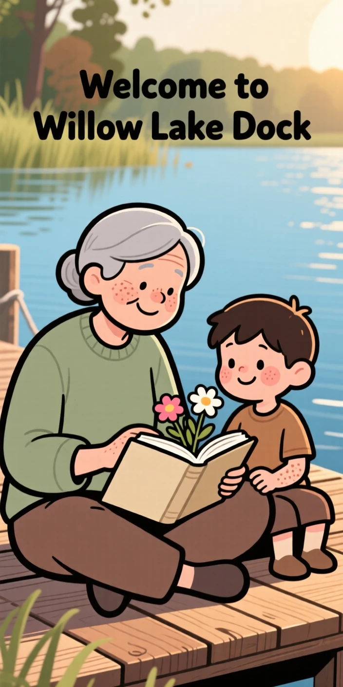 A grandparent shows a eager grandson how to press flowers between book pages in the lakeside dock, both taking their time as the afternoon sun warms their shoulders.