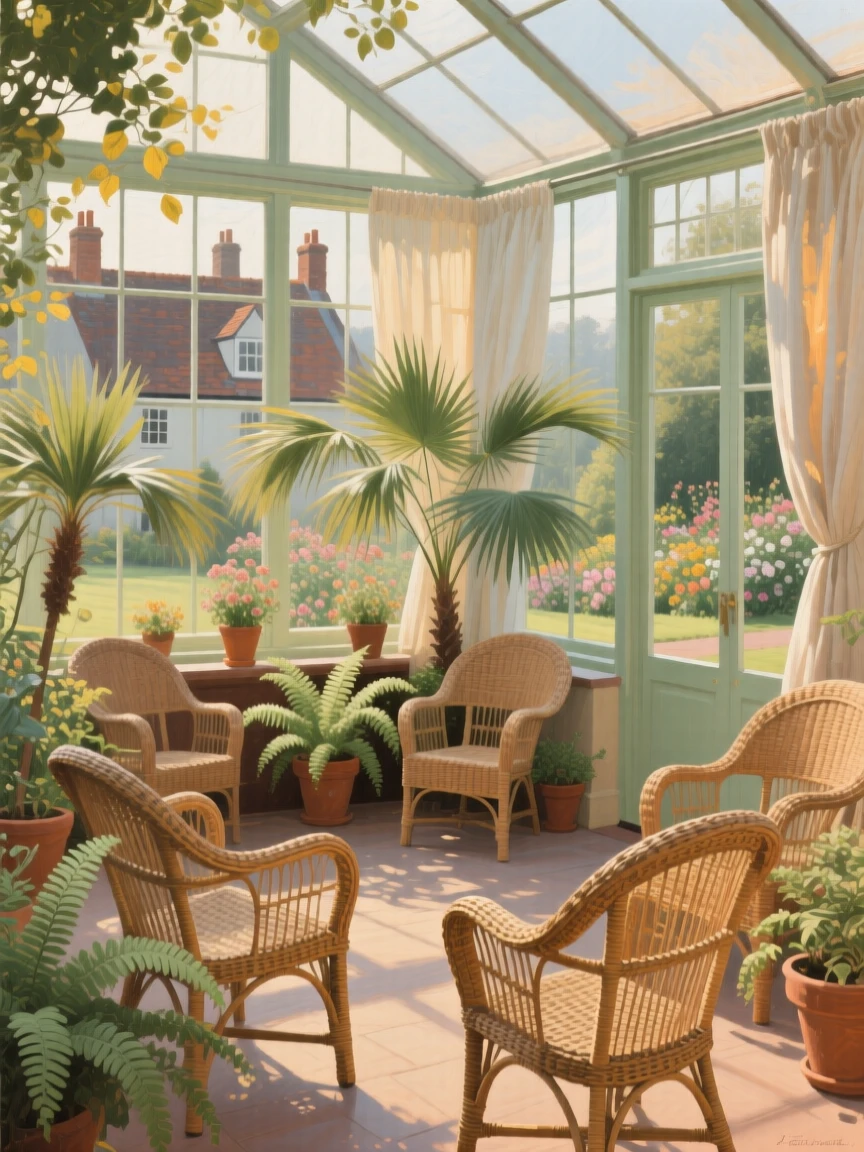 A medium shot of a sunlit conservatory filled with potted palms and wicker chairs, in a small English village, in a soft summer breeze.
