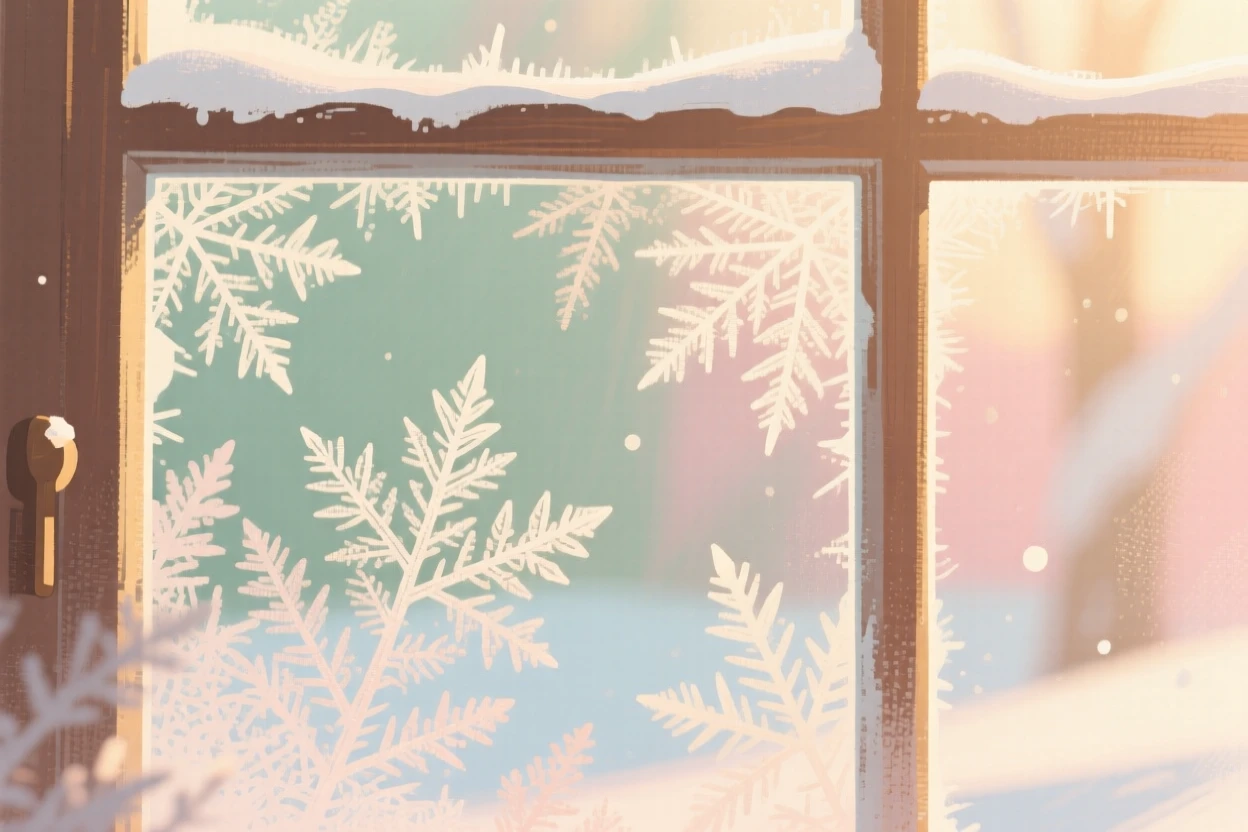 A close-up of frost patterns forming on a winter windowpane