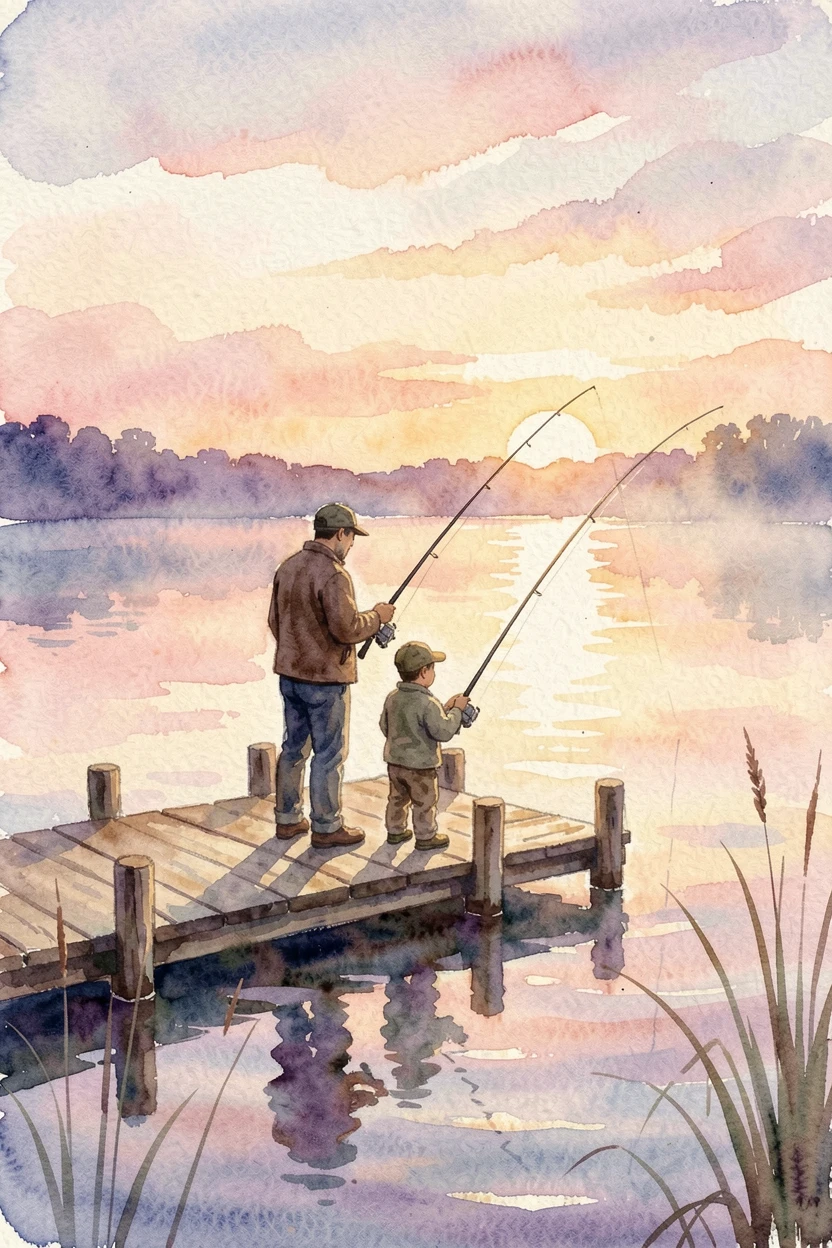 A father and son fishing from a quiet dock at sunrise.