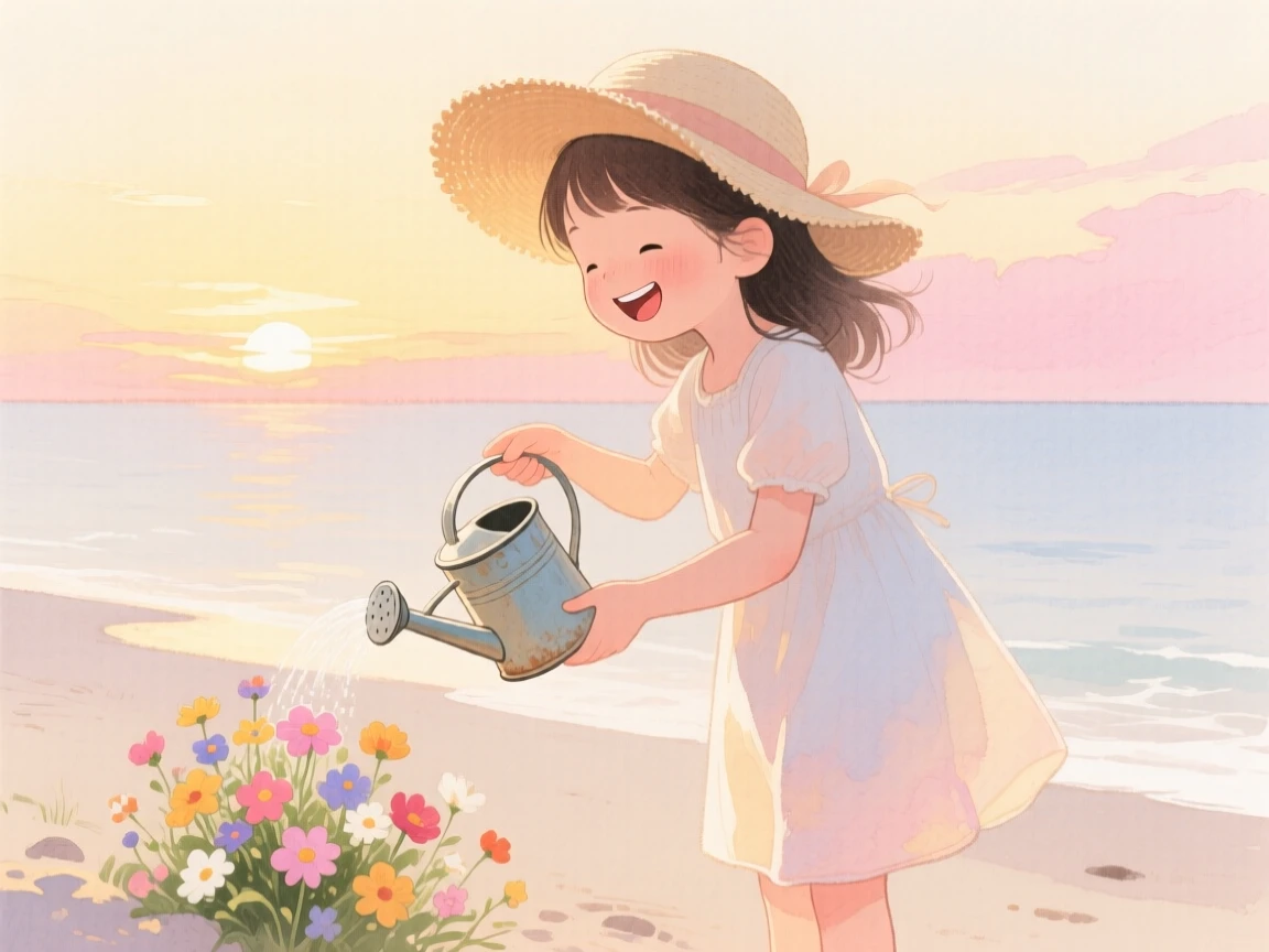 A girl in a sun hat waters flowers with a tiny can on a quiet beach at sunset, laughter and joy filling the warm afternoon air