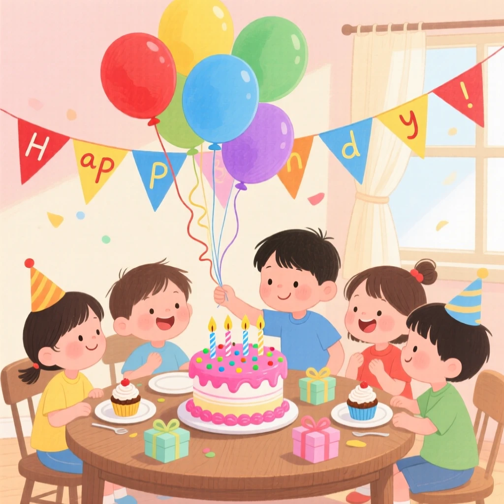 A heartwarming moment showing a birthday party with balloons and a decorated cake.