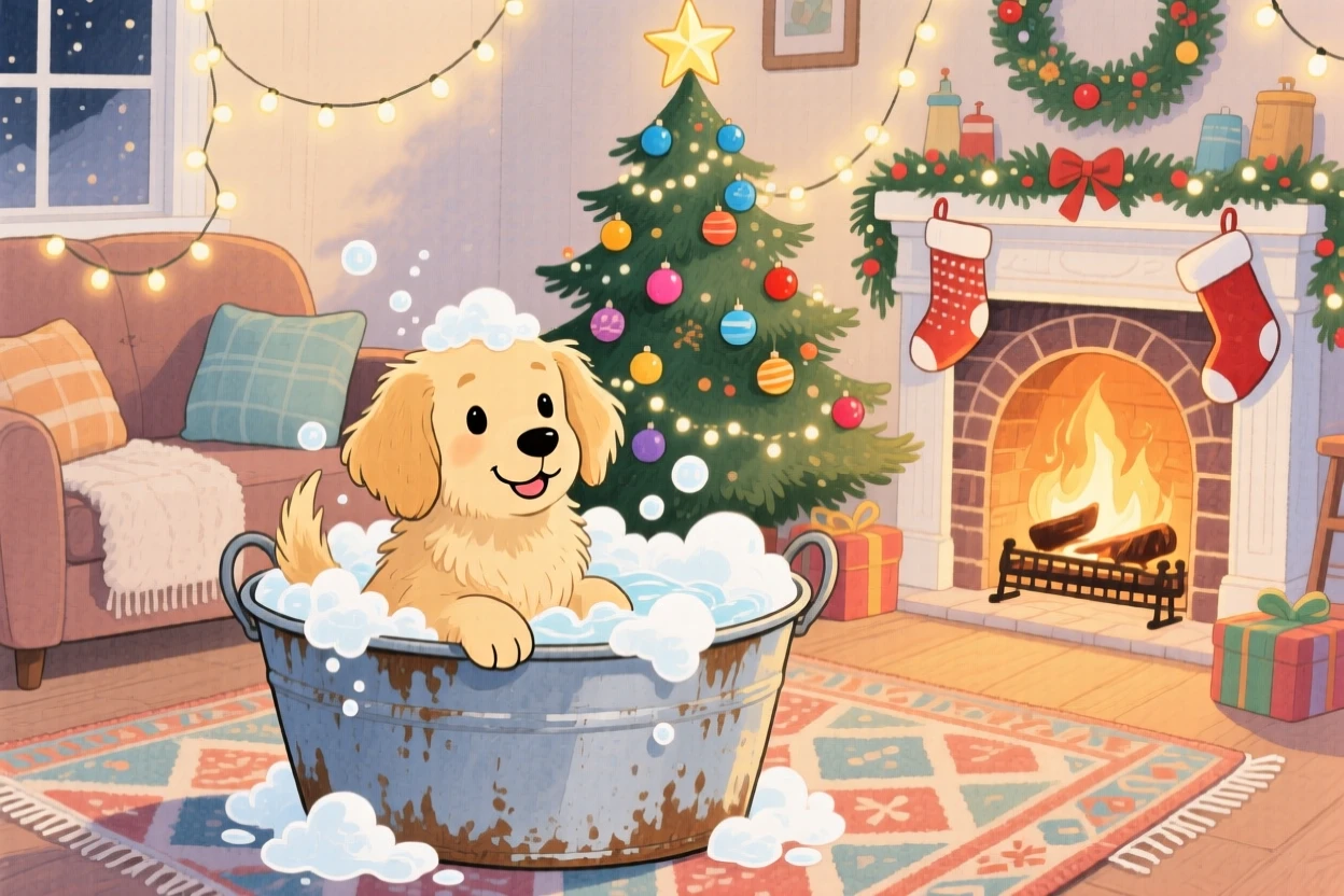 A golden retriever puppy getting a gentle bath in a tin tub full of bubbles, set in a snug living room decorated for the holidays, showing unconditional love and loyalty.