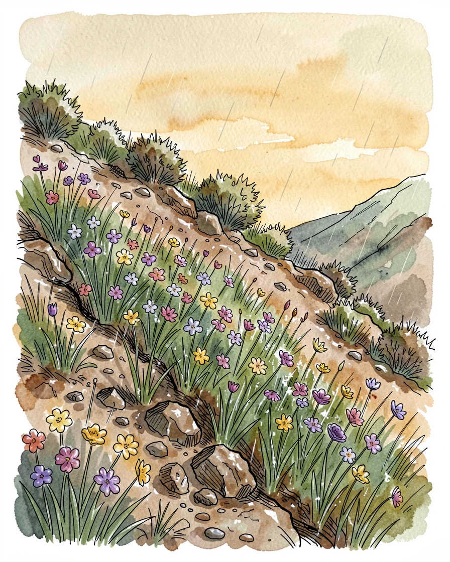 A volcanic hillside covered in wildflowers after a spring rain, golden light spilling across the landscape at the close of day.