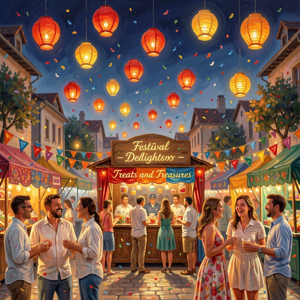 During a warm summer night, a lantern festival filling the night sky with floating light, in a town square filled with festive stalls, confetti drifting through the air.